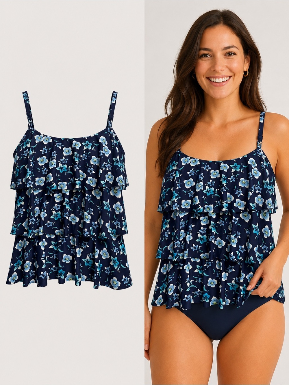 Beach House | Floral Tankini Swim Top Navy Blue Ruffle Tiered | Size 10